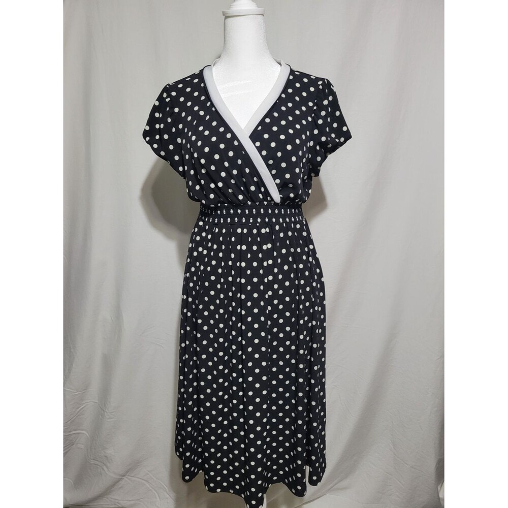 Motherhood Maternity Dress Womens Medium Black Polka Dot Excellent Surplice Midi